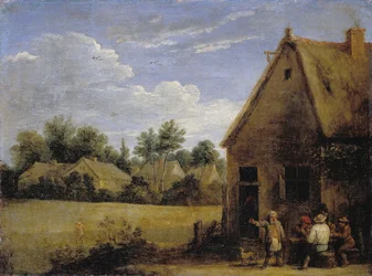 Casa de campo com camponeses jogando cartas
